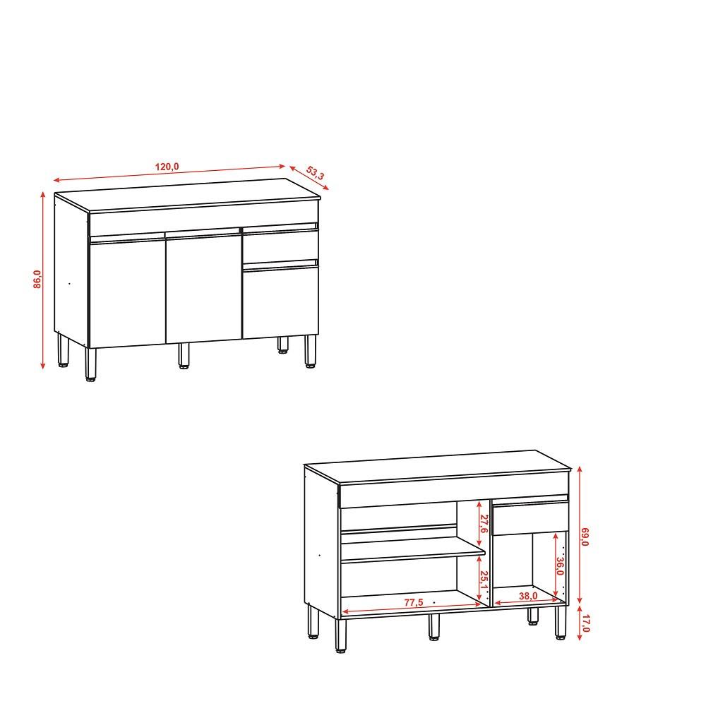 Balcão 3 Portas 1 Gavetas com Tampo 120cm Line Kits Paraná - 3