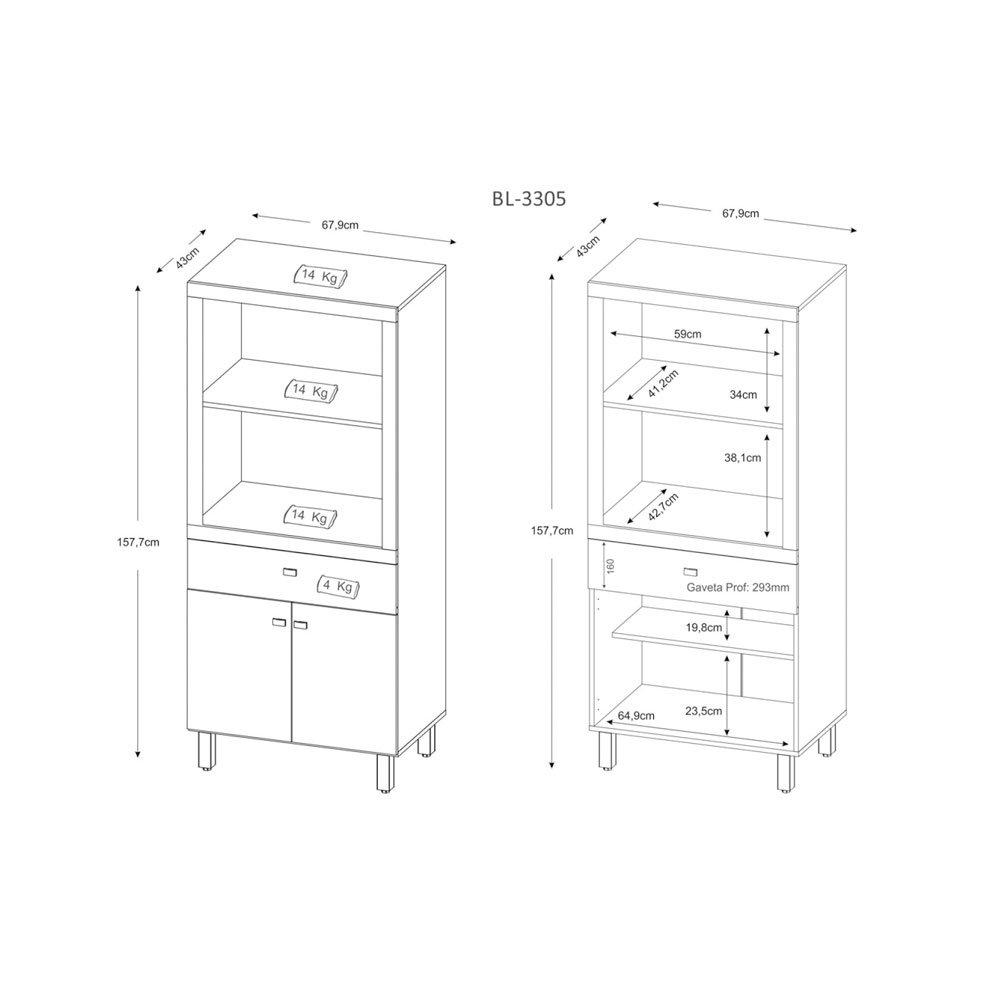 Balcão para Micro-ondas e Forno 2 Portas 1 Gaveta BL3305 Tecno Mobili - 4