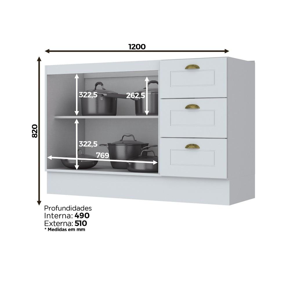 Balcão de Cozinha sem Pia 2 Portas 3 gavetas 120cm Americana Henn - 3