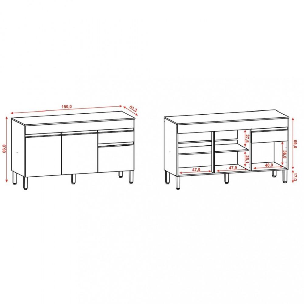 Balcão 3 Portas 1 Gaveta 150cm com tampo Line Kits Paraná - 4
