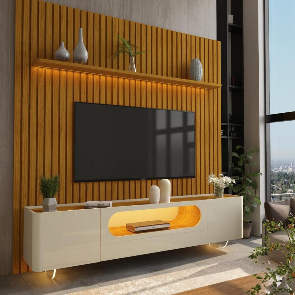 Rack com Painel para TV de Até 85 Polegadas 2 Portas 1 Gaveta LED Com Pés de Vidro Nobre Gelius - 1