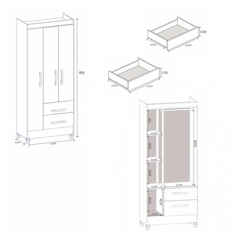 Guarda Roupa Solteiro com Espelho 3 Portas 2 Gavetas Fortaleza Atualle - 3