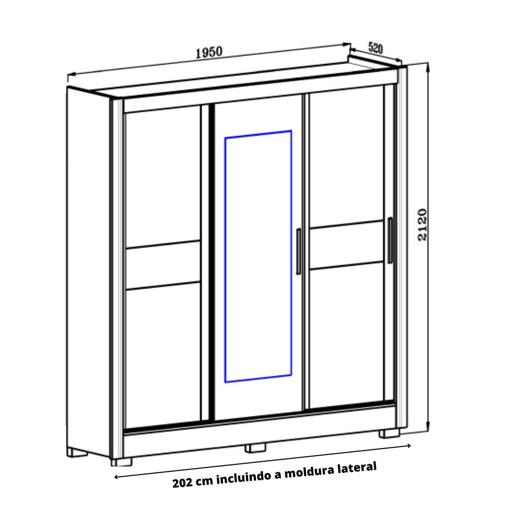 Guarda Roupa Casal Espelho 3 Portas 2 Gavetas Bahamas Moval - 4