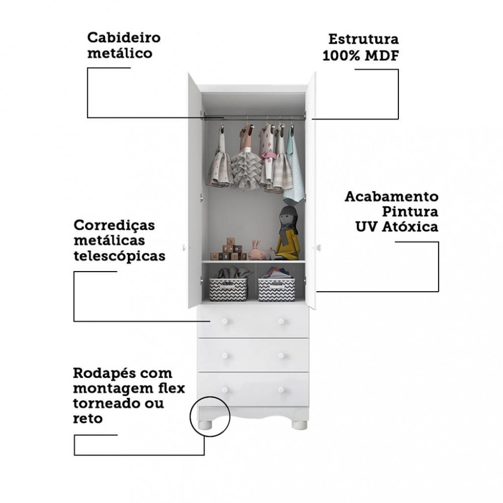 Guarda Roupa Infantil 2 Portas 3 Gavetas com Pés 100 MDF Júnior New Móveis Peroba - 4