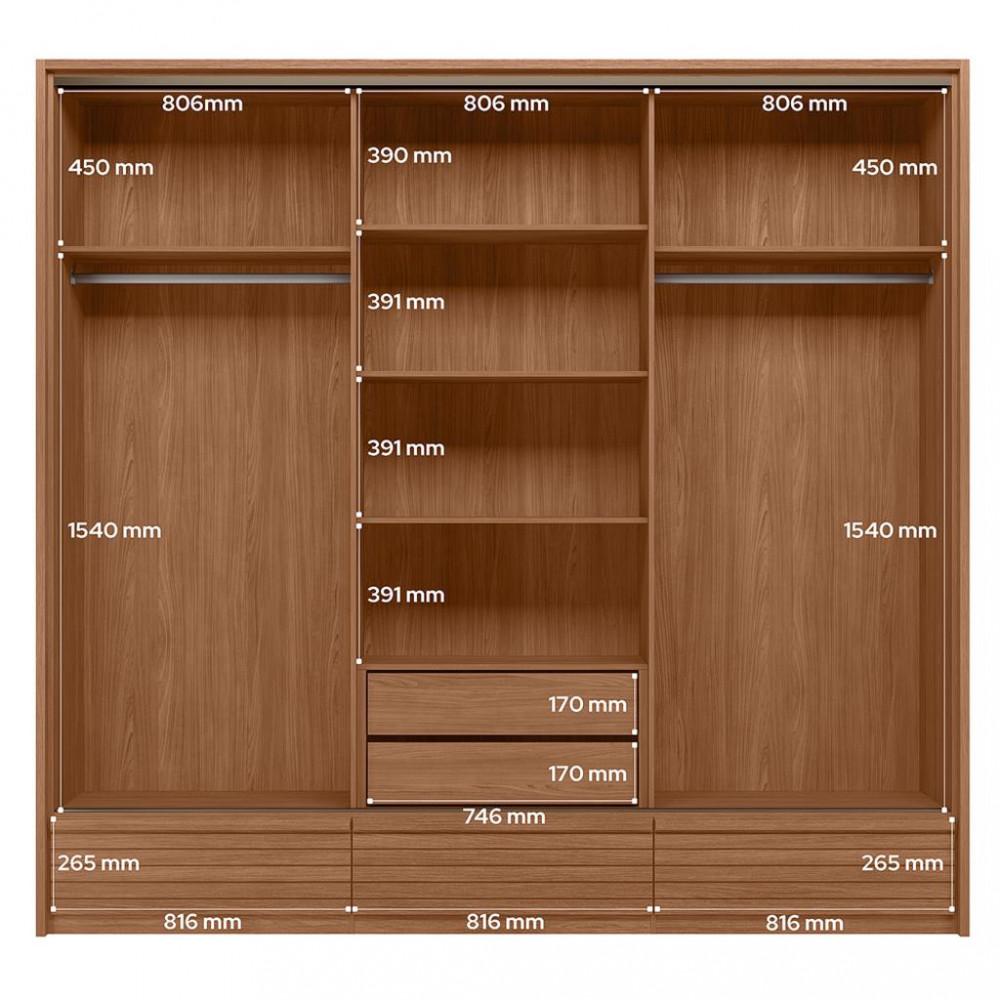 Guarda Roupa Casal com Espelho 3 Portas de Correr 5 Gavetas Ripado Flex Democrata Santos Andira - 3