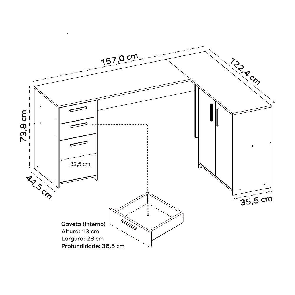 Mesa de Canto para Escritório 2 Portas 3 Gavetas NT 2005 Notável - 4