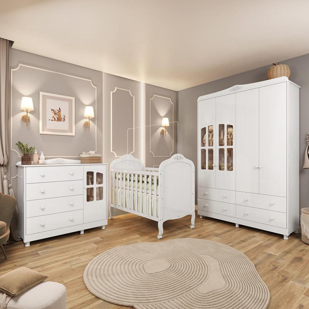 Quarto de Bebê Completo com Berço Mini Cama Guarda-Roupa e Cômoda com Janela Elô New Móveis Peroba - 1