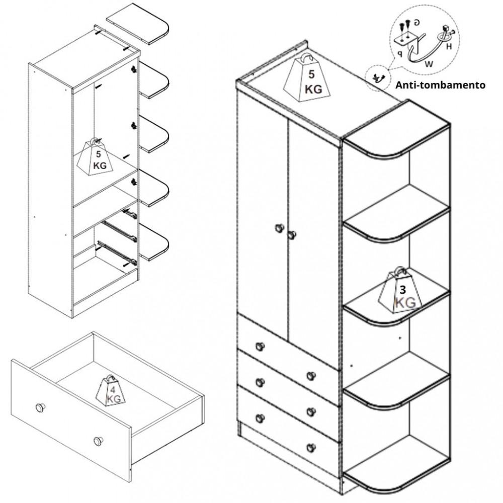 Guarda Roupa Infantil 2 Portas 3 Gavetas MDF Smim New Móveis Peroba - 6