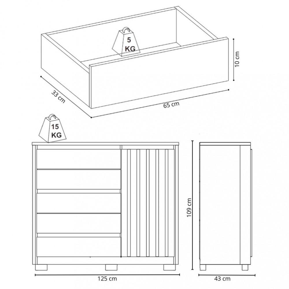 Cômoda 1 Porta 5 Gavetas Ripado Duetto Albatroz - 4