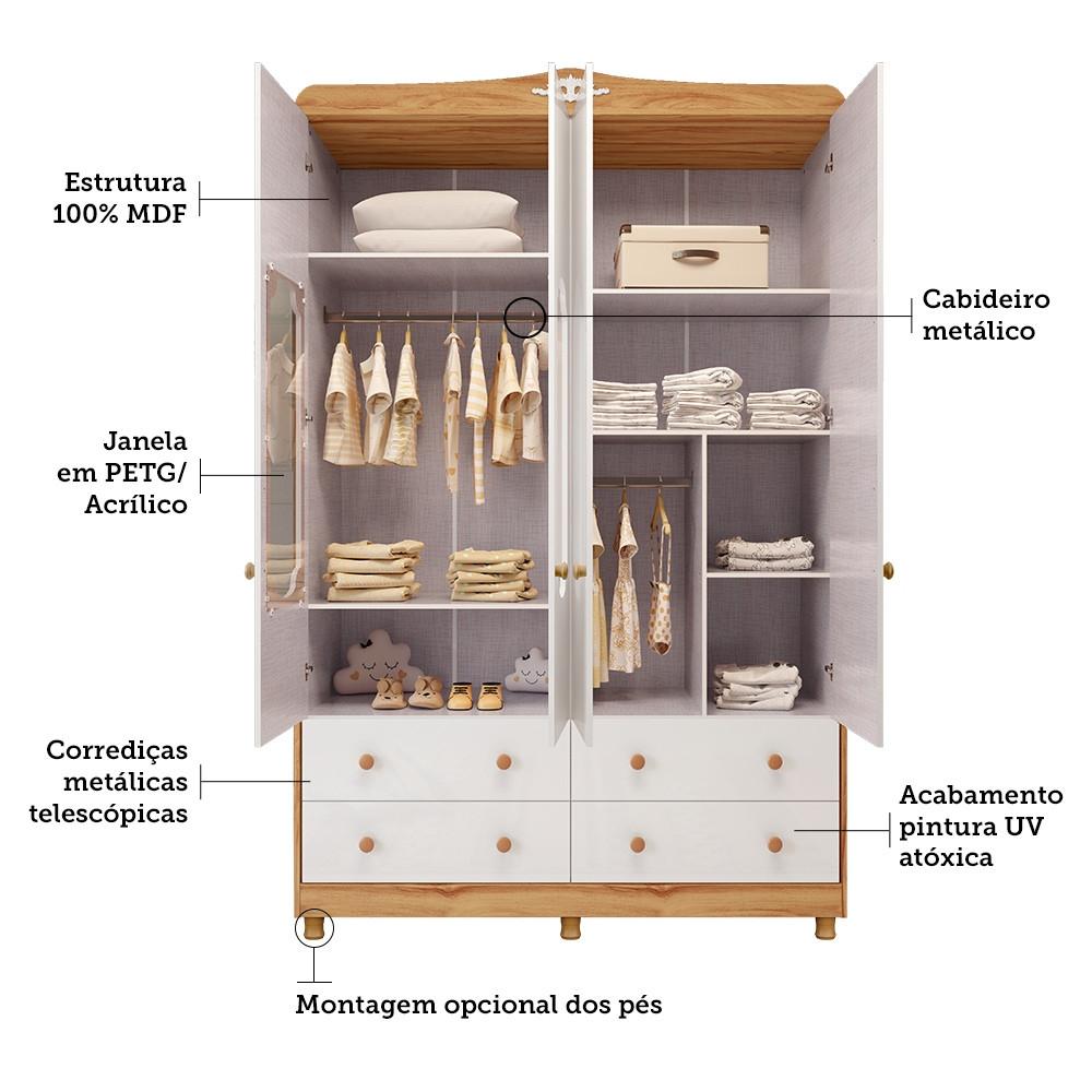 Guarda Roupa Infantil 4 Portas 4 Gavetas MDF  Noah Móveis Peroba - 3