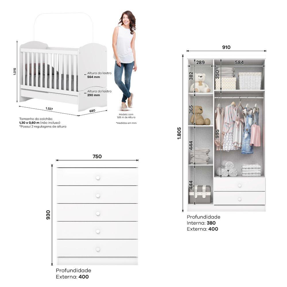 Quarto de Bebê Completo Berço Mini Cama Guarda Roupa 3 Portas 2 Gavetas e Cômoda 5 Gavetas Bala de Menta Henn - 4