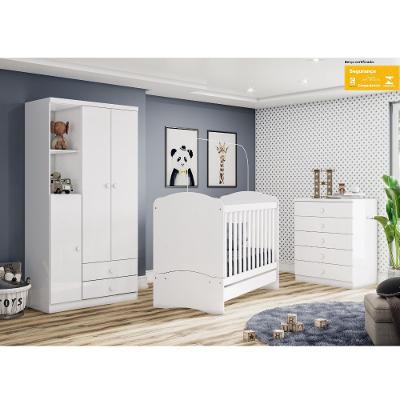 Quarto de Bebê Completo Berço Mini Cama Guarda Roupa 3 Portas 2 Gavetas e Cômoda 5 Gavetas Bala de Menta Henn