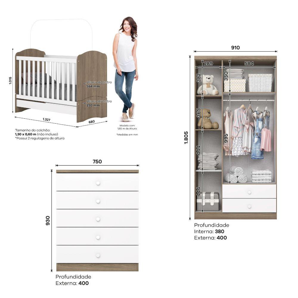 Quarto de Bebê Completo Berço Mini Cama Guarda Roupa 3 Portas 2 Gavetas e Cômoda 5 Gavetas Bala de Menta Henn - 4