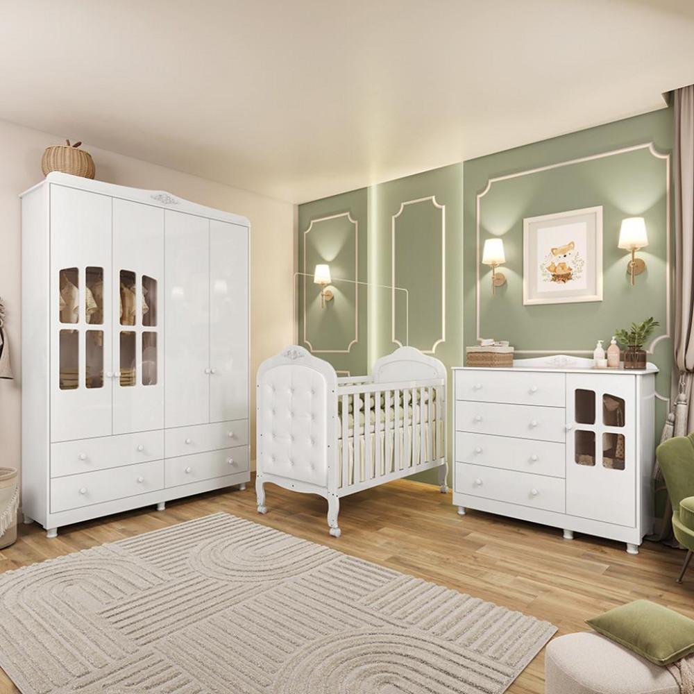 Quarto de Bebê Completo Berço Mini Cama Capitonê Guarda Roupa e Cômoda Janela Elô New Móveis Peroba - 1