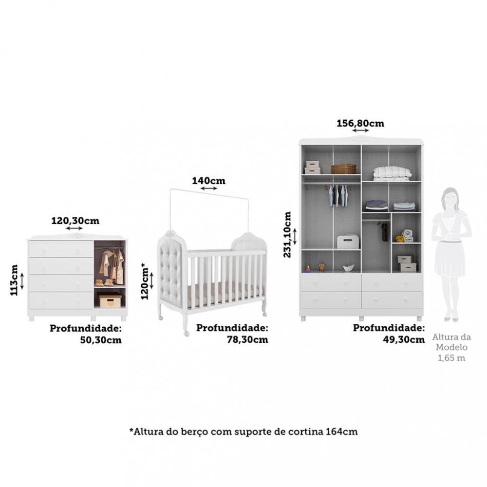 Quarto de Bebê Completo com Berço Mini Cama com capitonê Guarda-Roupa e Cômoda 100 MDF Elô New Móveis Peroba - 3