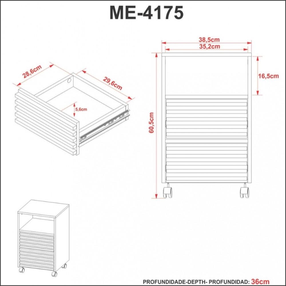 Gaveteiro Para Escritório Ripado Com Rodizio 2 Gavetas ME4175 Tecno Mobili - 4