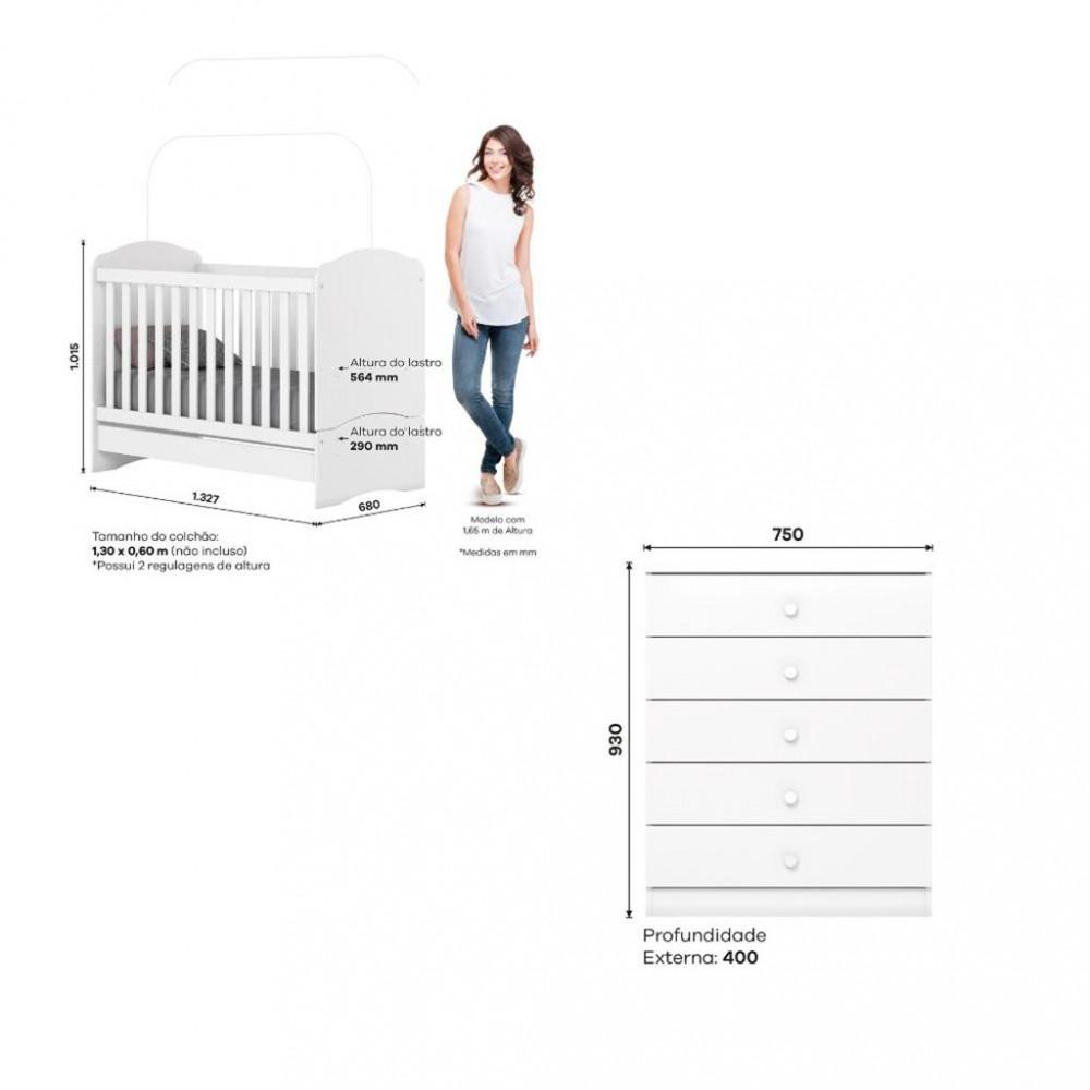 Quarto de Bebê Berço Mini Cama e Cômoda 5 Gavetas Bala de Menta Henn - 3