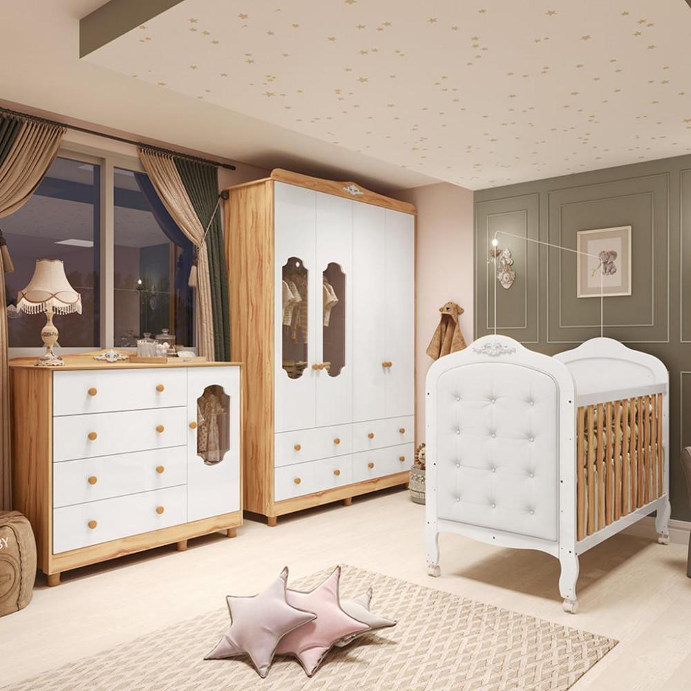 Quarto de Bebê Completo com Berço Mini Cama com capitonê Guarda Roupa e Cômoda 100 MDF Elô New Noah Móveis Peroba - 1