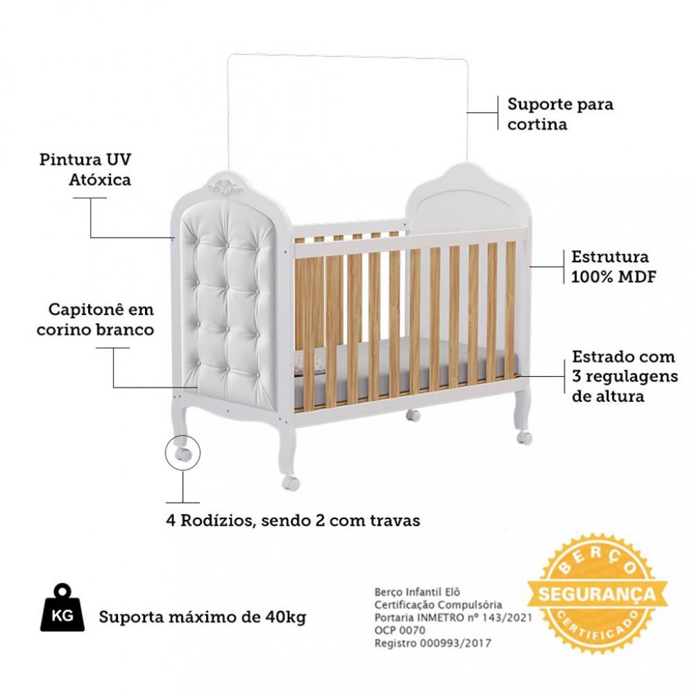 Quarto de Bebê Completo com Berço Mini Cama com capitonê Guarda Roupa e Cômoda 100 MDF Elô New Noah Móveis Peroba - 5