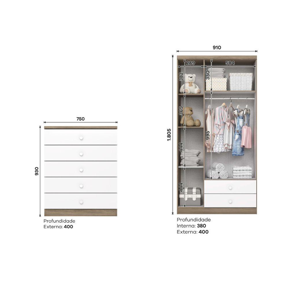 Quarto de Bebê Guarda Roupa 3 Portas 2 Gavetas e Cômoda 5 Gavetas Bala de Menta Henn - 3