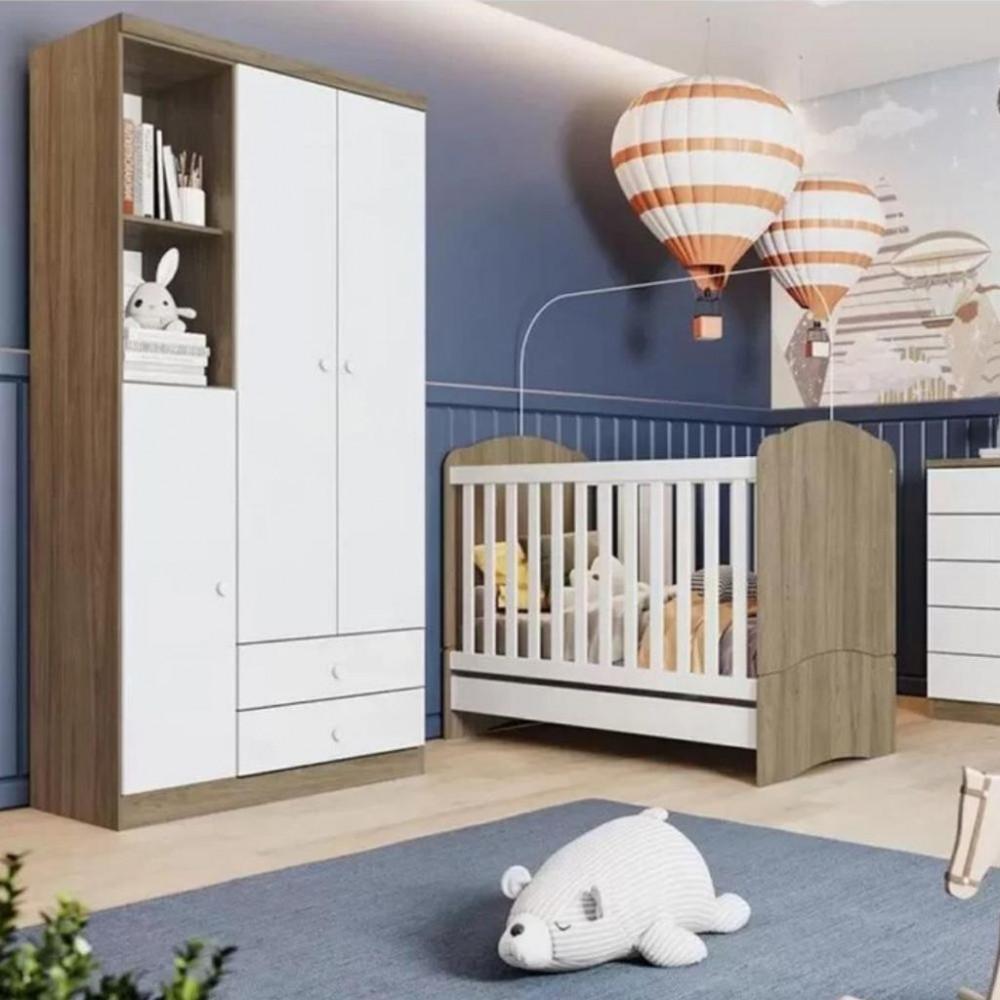 Quarto de Bebê Berço Mini Cama e Guarda Roupa 3 Portas 2 Gavetas Bala de Menta Henn - 1