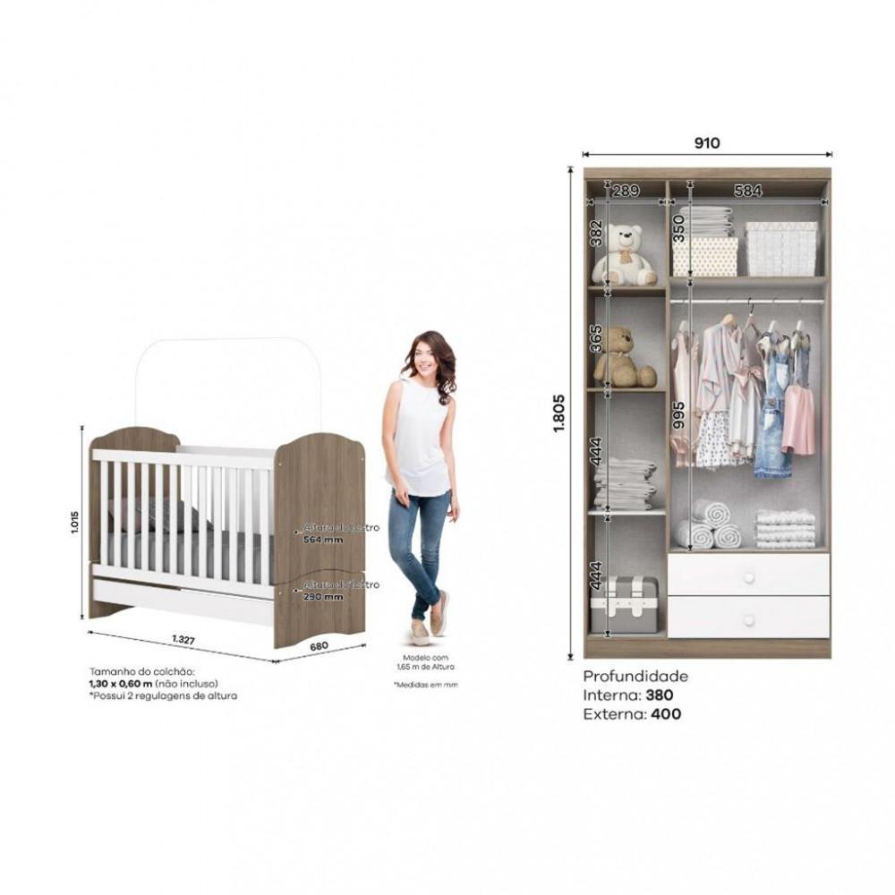 Quarto de Bebê Berço Mini Cama e Guarda Roupa 3 Portas 2 Gavetas Bala de Menta Henn - 3