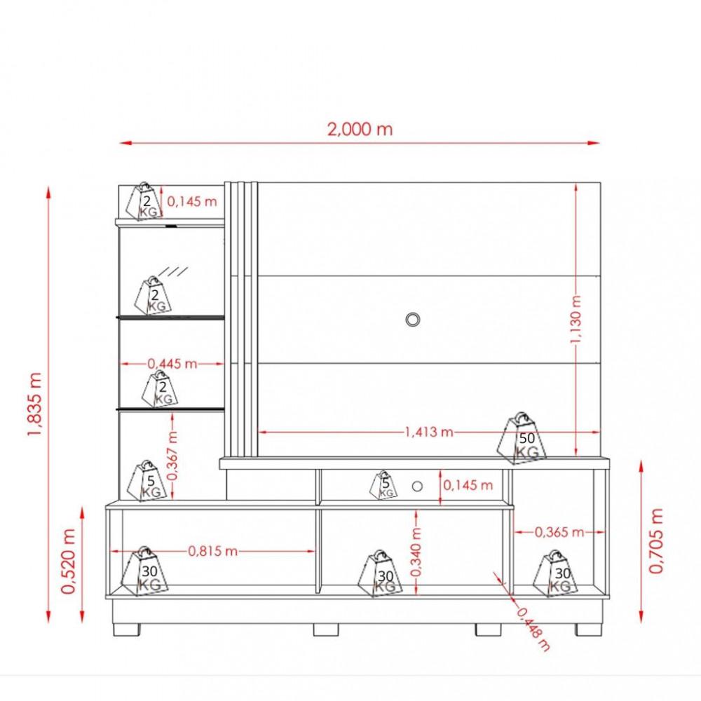 Estante Home para TV até 60 Polegadas com LED Espelho e Prateleira de Vidro 2 Portas de Correr com Pés Frizz Plus Madetec - 3