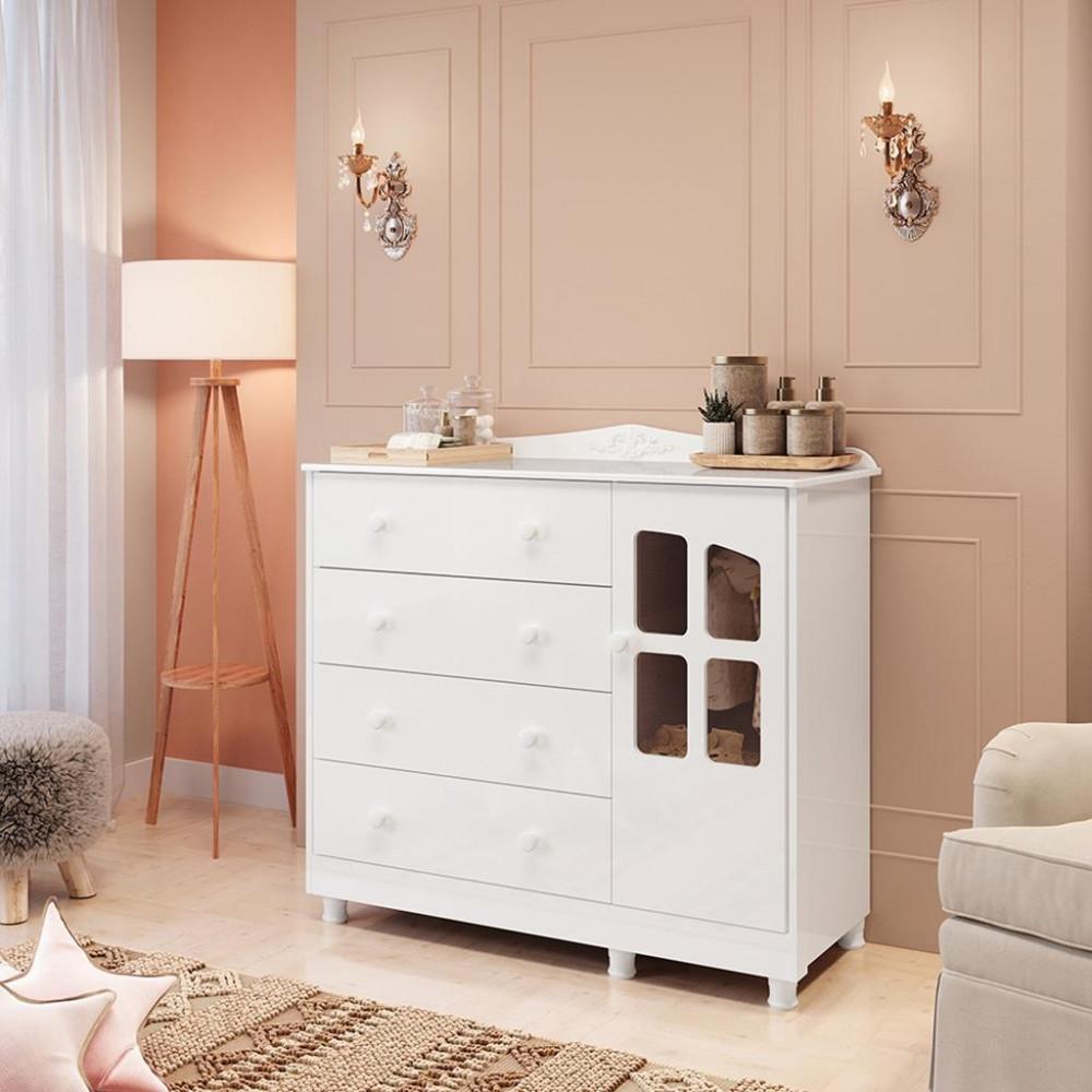 Cômoda Infantil 4 Gavetas 1 Porta com Janela 100 MDF Elo Móveis Peroba - 1