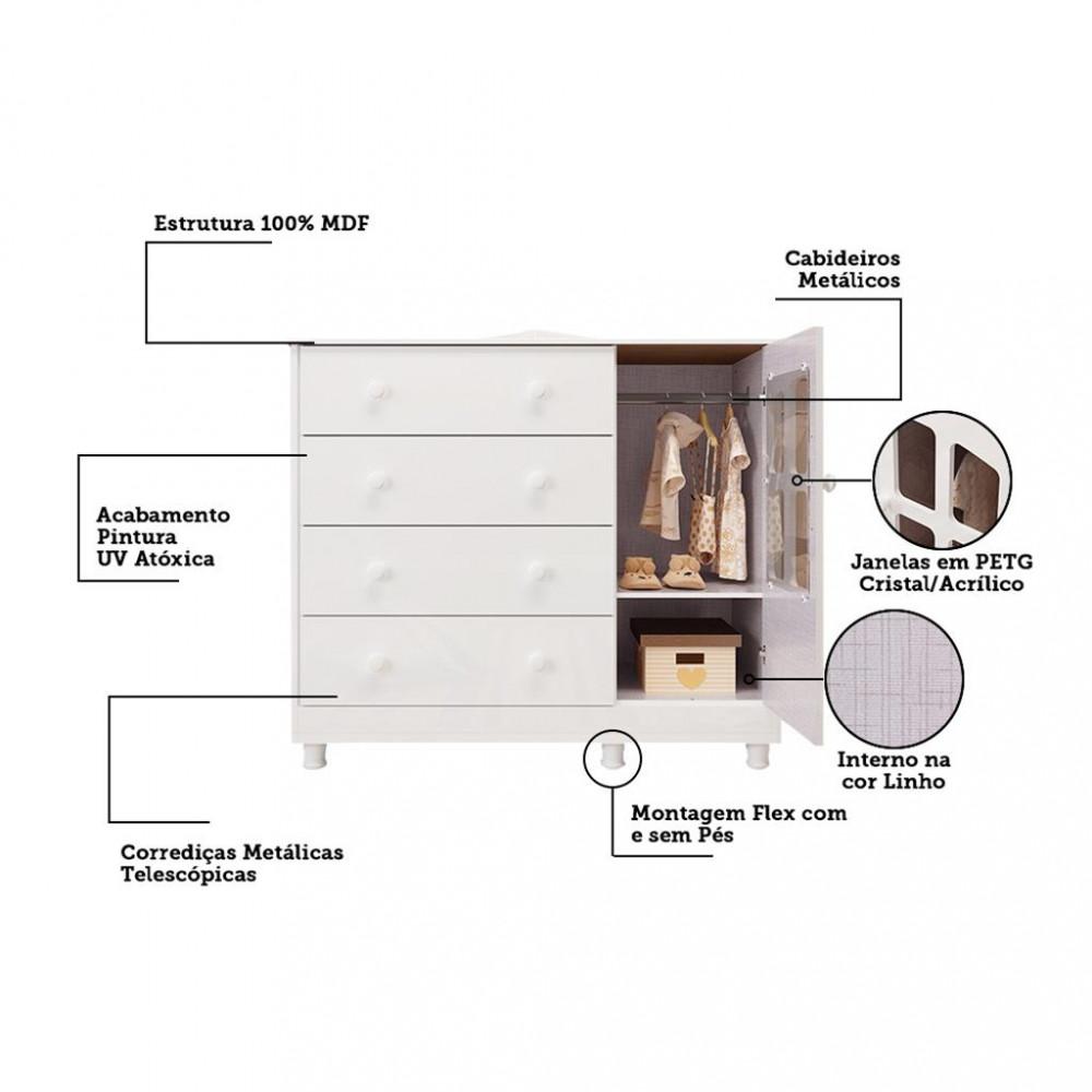 Cômoda Infantil 4 Gavetas 1 Porta com Janela 100 MDF Elo Móveis Peroba - 3