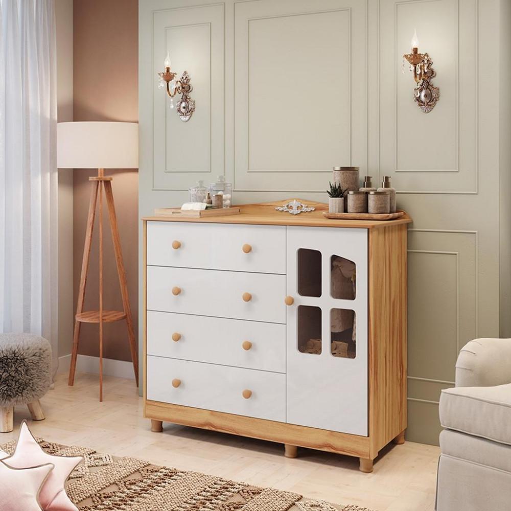 Cômoda Infantil 4 Gavetas 1 Porta com Janela 100 MDF Elo Móveis Peroba - 1