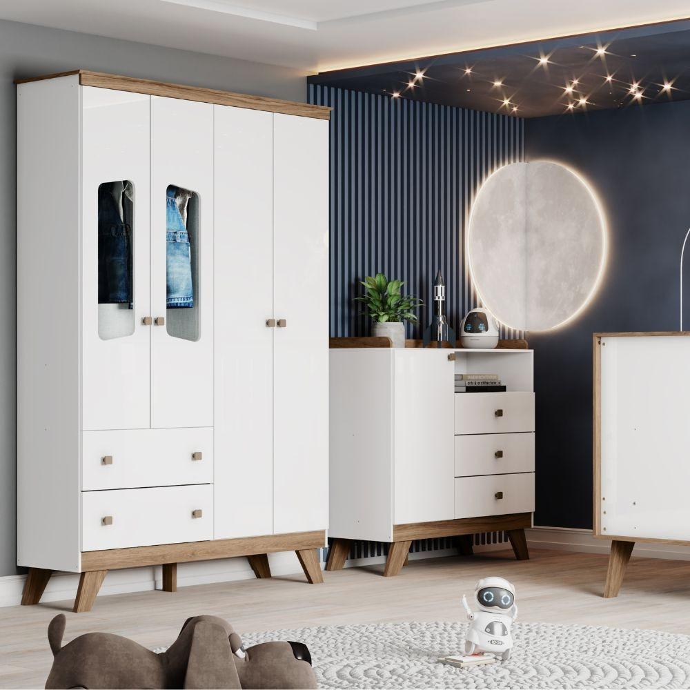 Quarto de Bebê com Guarda Roupa 4 Portas e Cômoda 3 Gavetas Lola Henn - 1