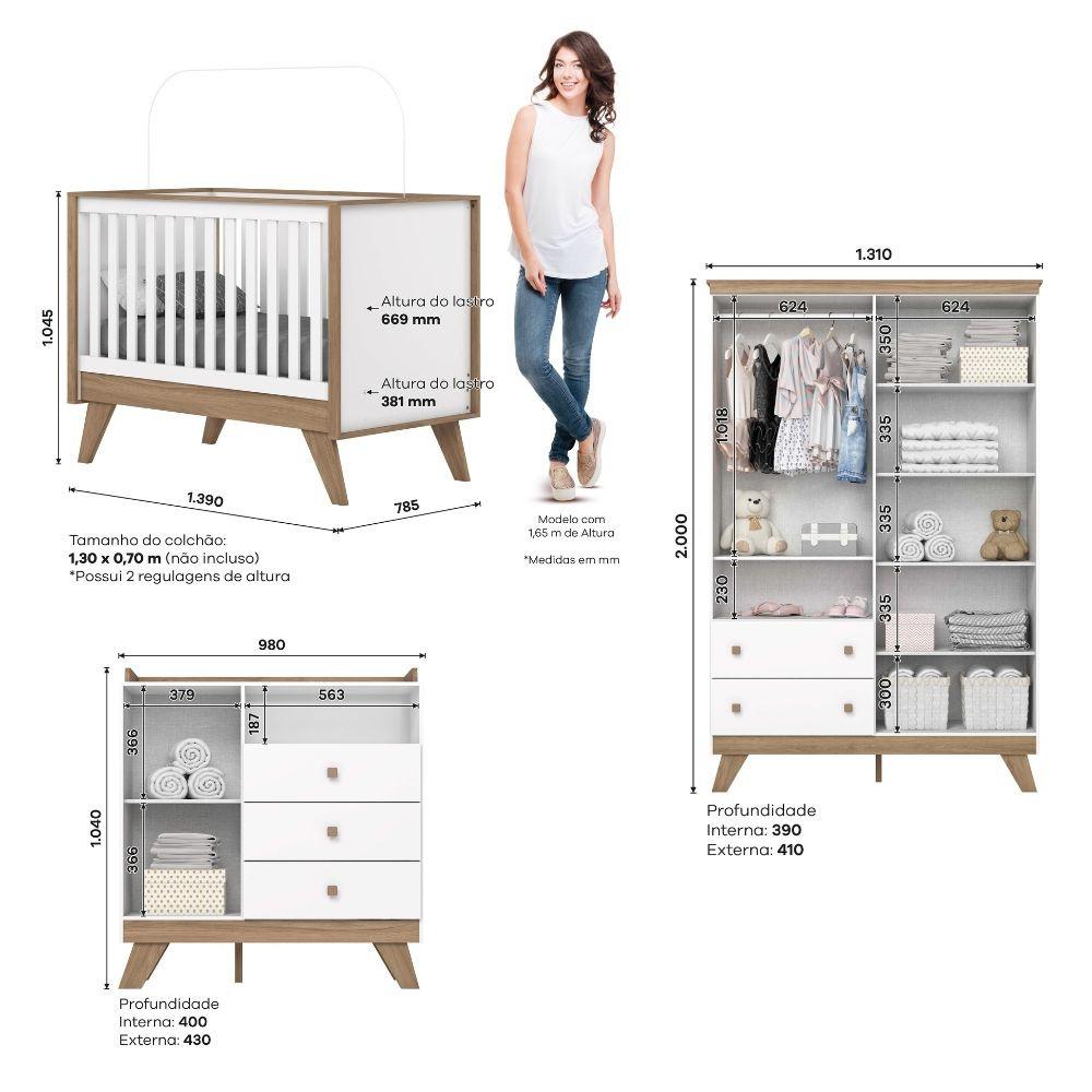 Quarto de Bebê Completo com Guarda Roupa 4 Portas Cômoda 3 Gavetas e Berço 3 em 1 Lola Henn - 4