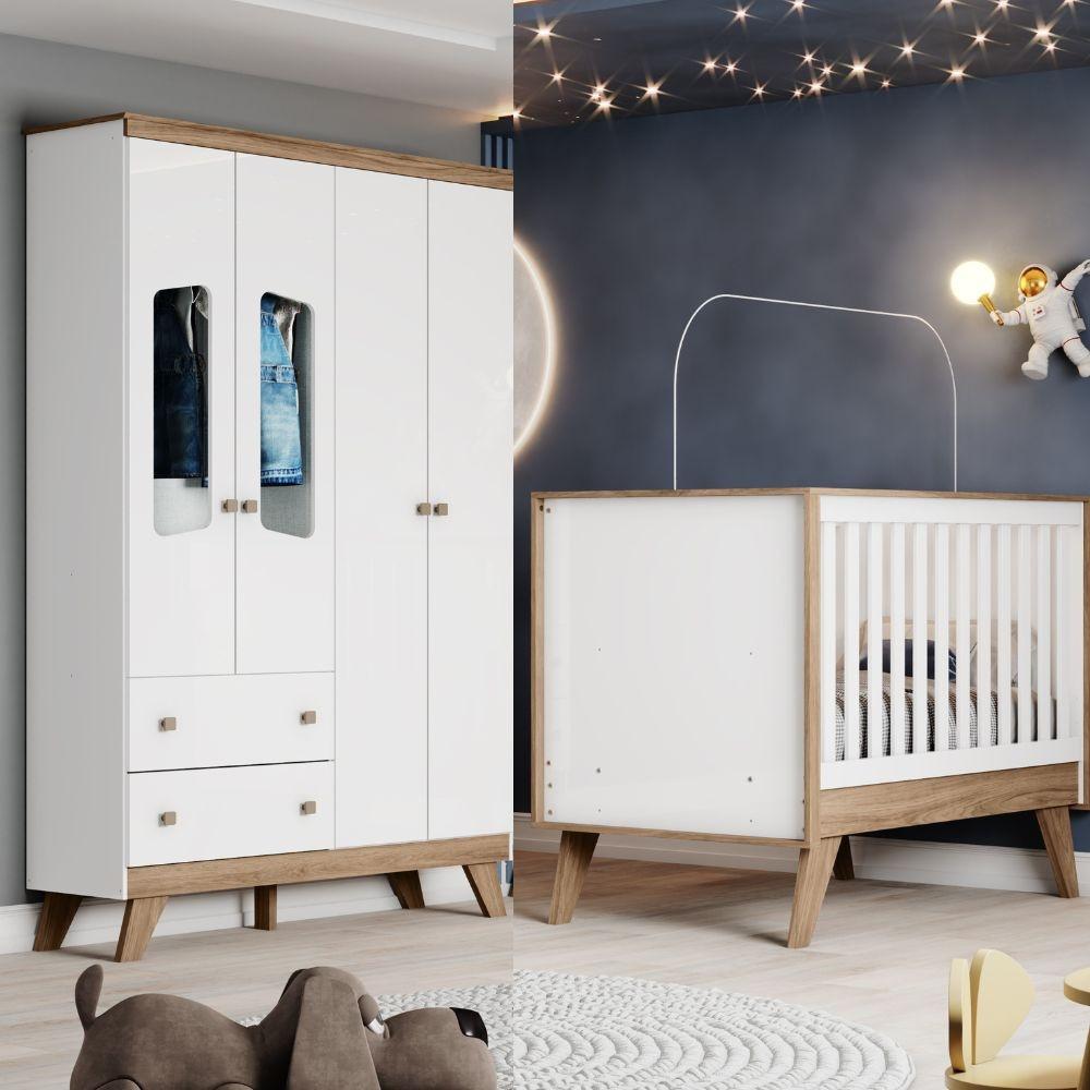 Quarto de Bebê com Guarda Roupa 4 Portas e Berço 3 em 1 Lola Henn - 1