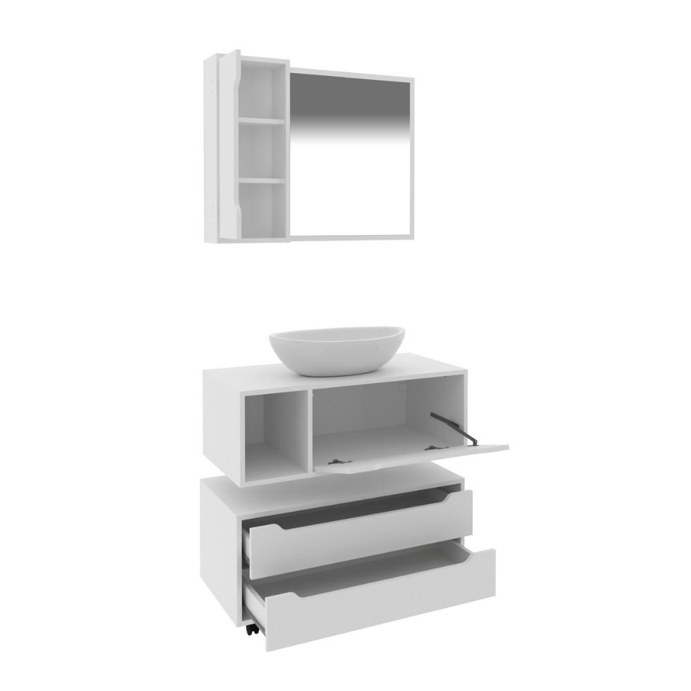 Conjunto Banheiro com Gabinete Suspenso 1 Gaveta Espelheira Armário com Rodízio Tecno Mobili - 6