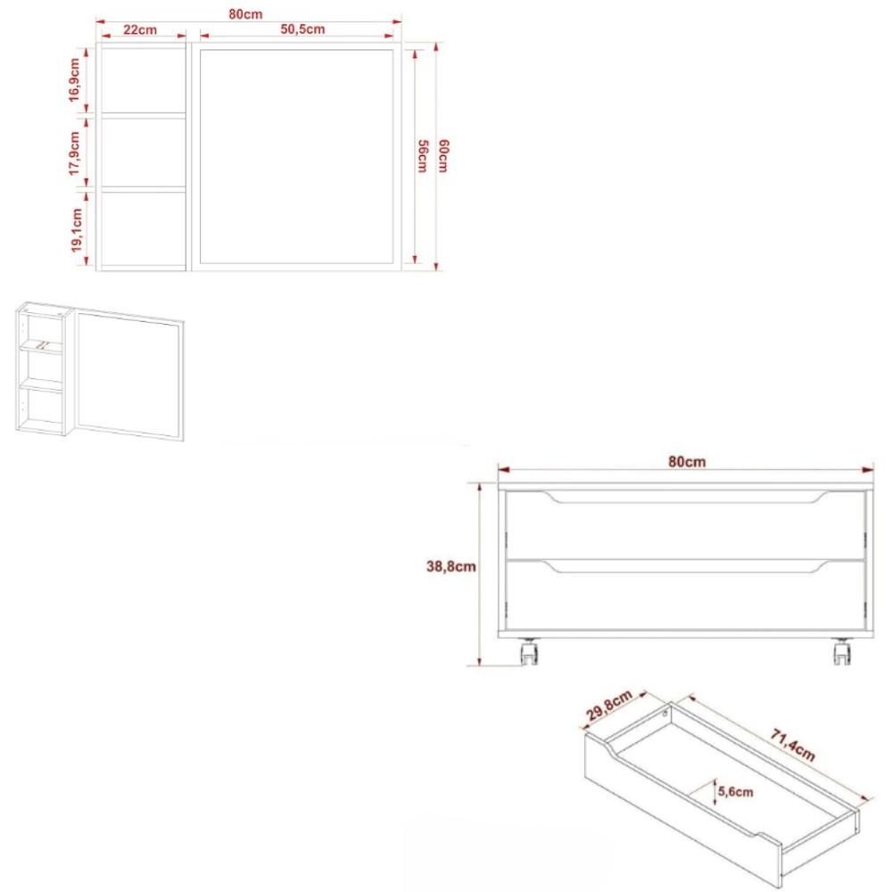 Conjunto Banheiro com Gabinete Suspenso 1 Gaveta Espelheira Armário com Rodízio Tecno Mobili - 8
