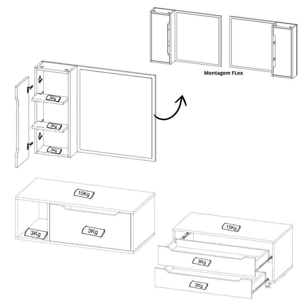 Conjunto Banheiro com Gabinete Suspenso 1 Gaveta Espelheira Armário com Rodízio Tecno Mobili - 9