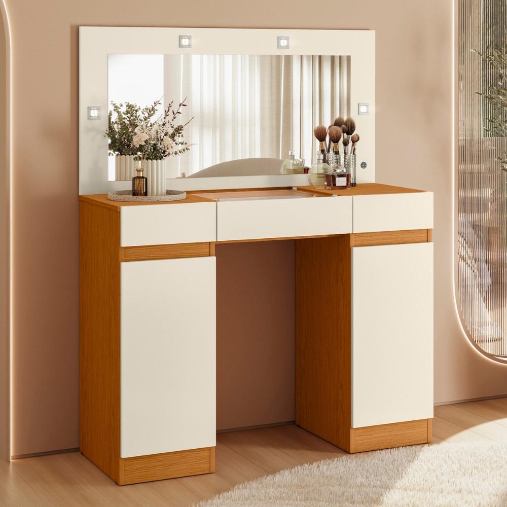 Penteadeira Camarim com Espelho LED e Visor de Vidro 3 Gavetas 2 Portas Studio Albatroz - 1