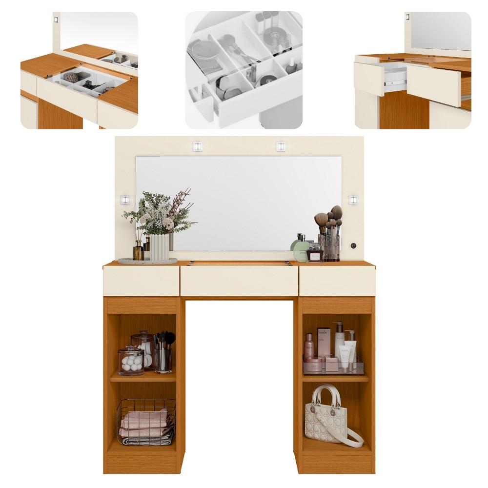 Penteadeira Camarim com Espelho LED e Visor de Vidro 3 Gavetas 2 Portas Studio Albatroz - 3