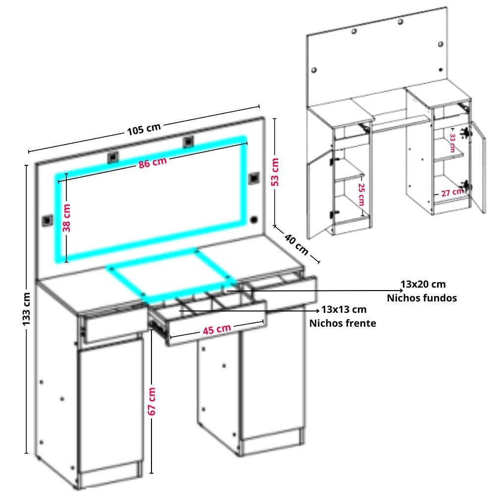 Penteadeira Camarim com Espelho LED e Visor de Vidro 3 Gavetas 2 Portas Studio Albatroz - 4