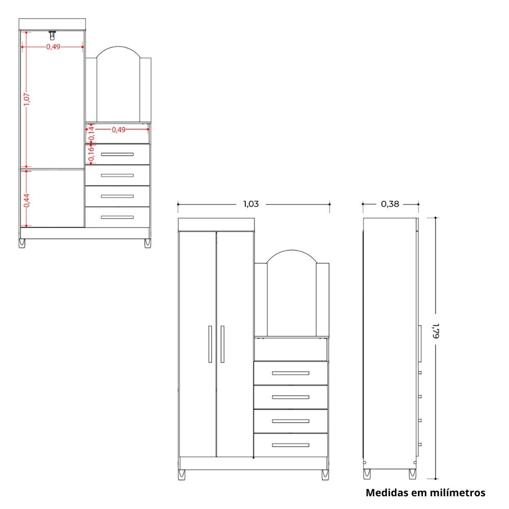 Guarda Roupa Solteiro Flex 2 Portas com Cômoda 3 Gavetas com Pés e Espelho New Capri Albatroz - 4