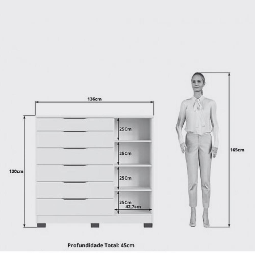 Cômoda Ripada 6 Gavetas 1 Porta com Pés Vegas Faimec - 4