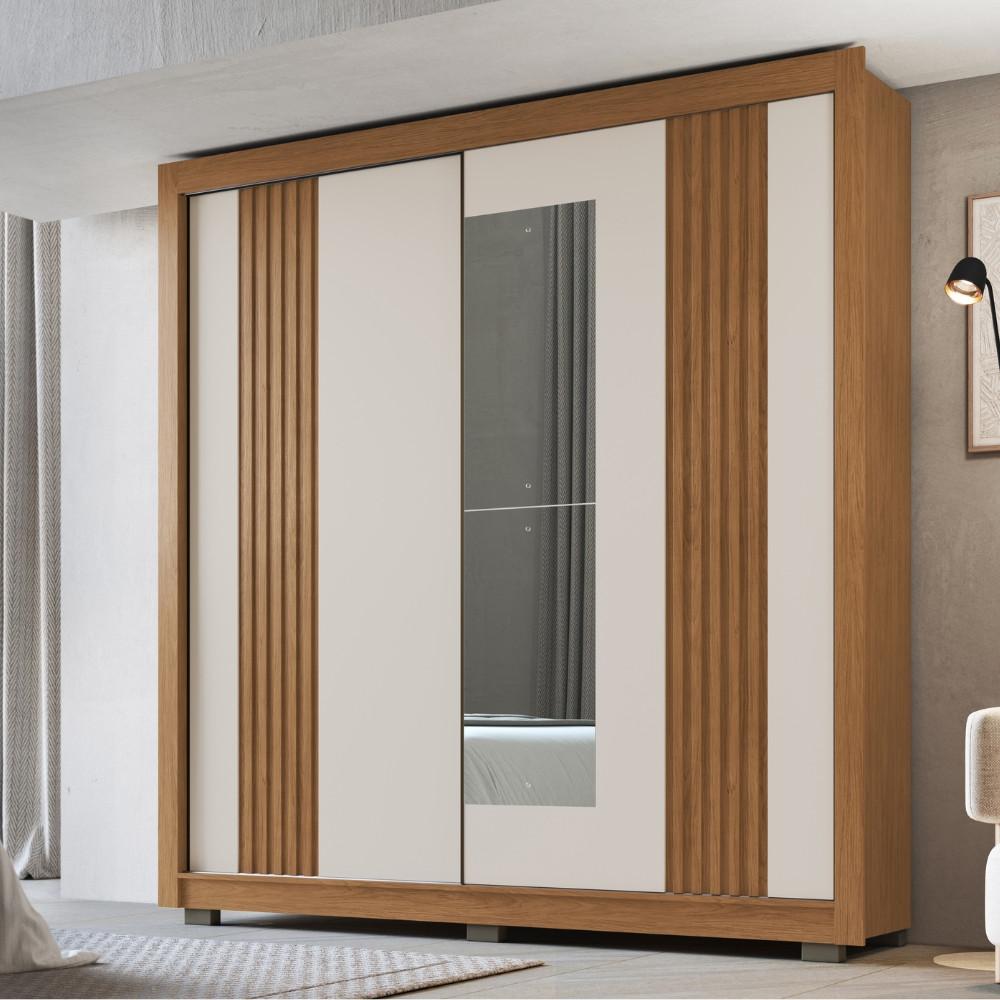 Guarda Roupa Casal Ripado com Espelho 2 Portas de Correr com Pés Tokyo Faimec - 1