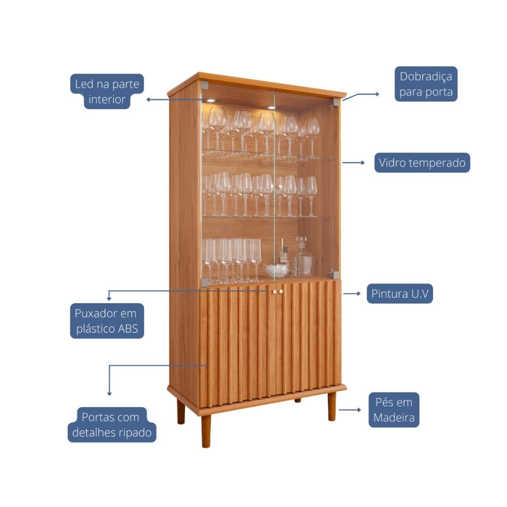Cristaleira Ripada Com LED e Vidro 4 Portas com Pés de Madeira Luiza Cimol - 3