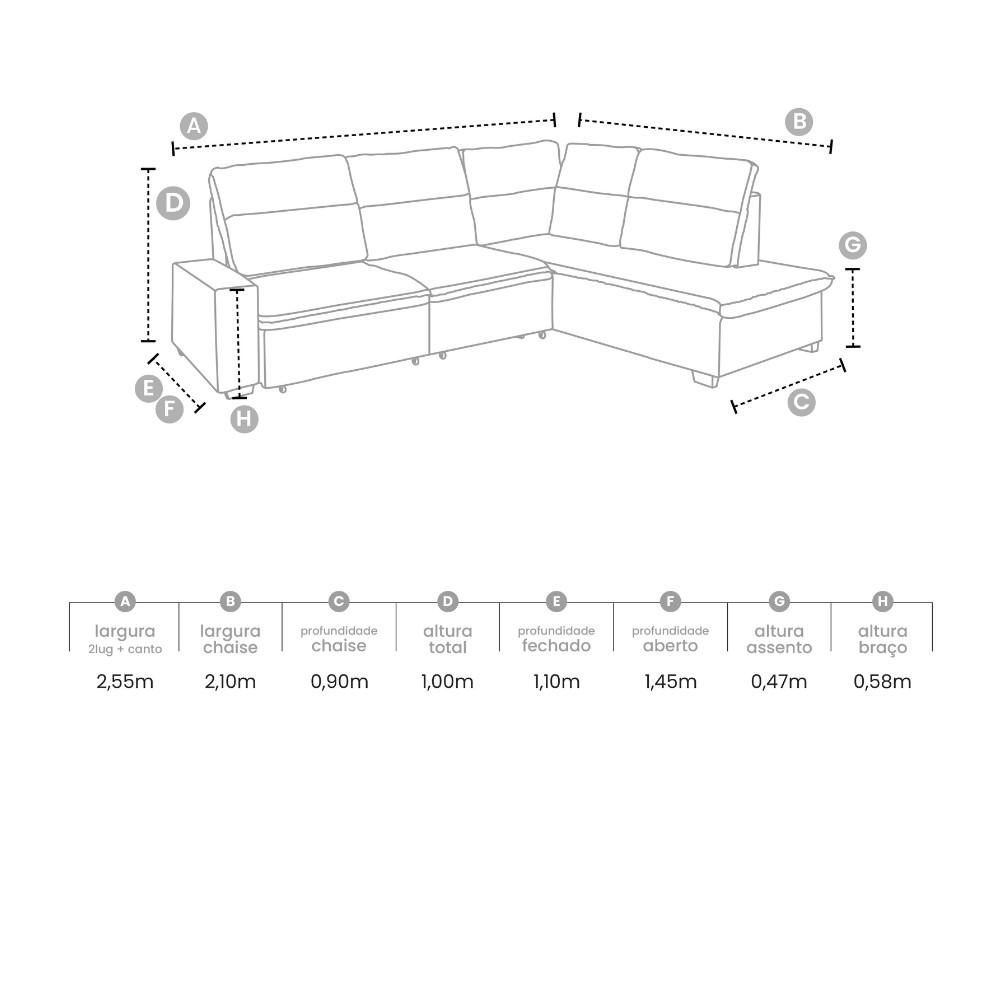 Sofá de Canto 4 Lugares Retrátil Reclinável  255cm Veludo Gabrieli Takei - 4