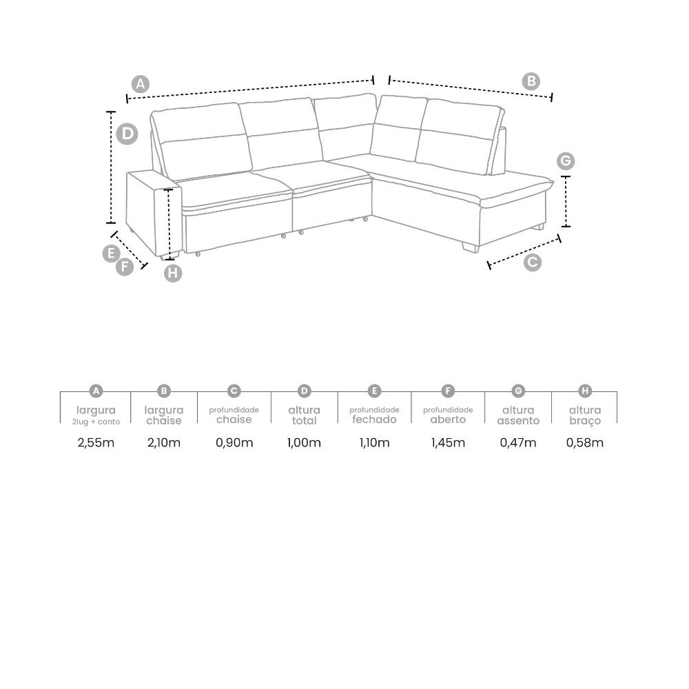 Sofá de Canto 4 Lugares Retrátil Reclinável  255cm Veludo Gabrieli Takei - 4