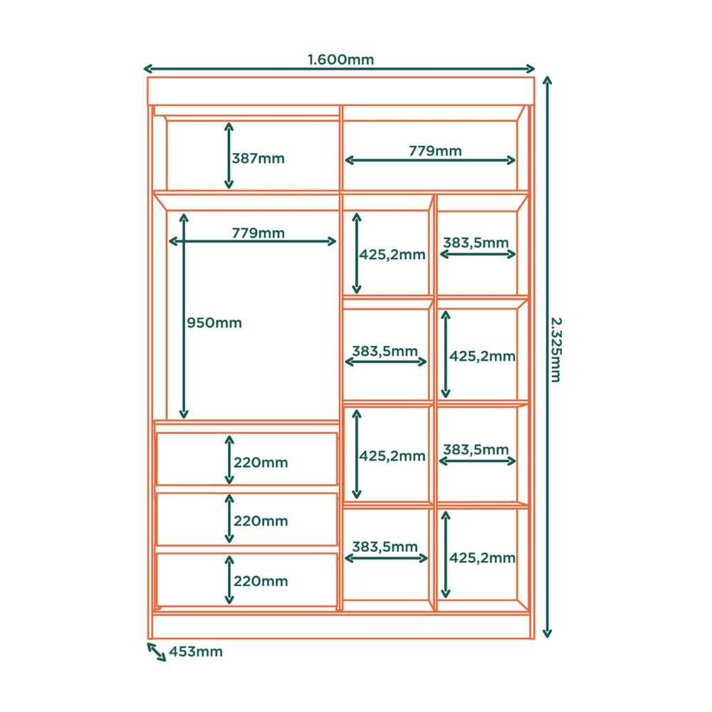 Guarda Roupa Solteiro com Espelho 3 Portas 3 Gavetas em MDF Bagdá Visão Móveis - 4