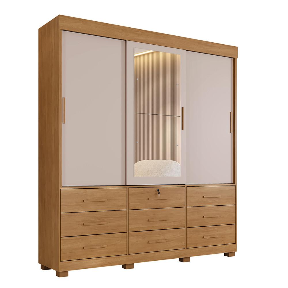 Guarda Roupa Casal com Espelho 3 Portas de Correr 9 Gavetas com Pés Londres Benetil - 2