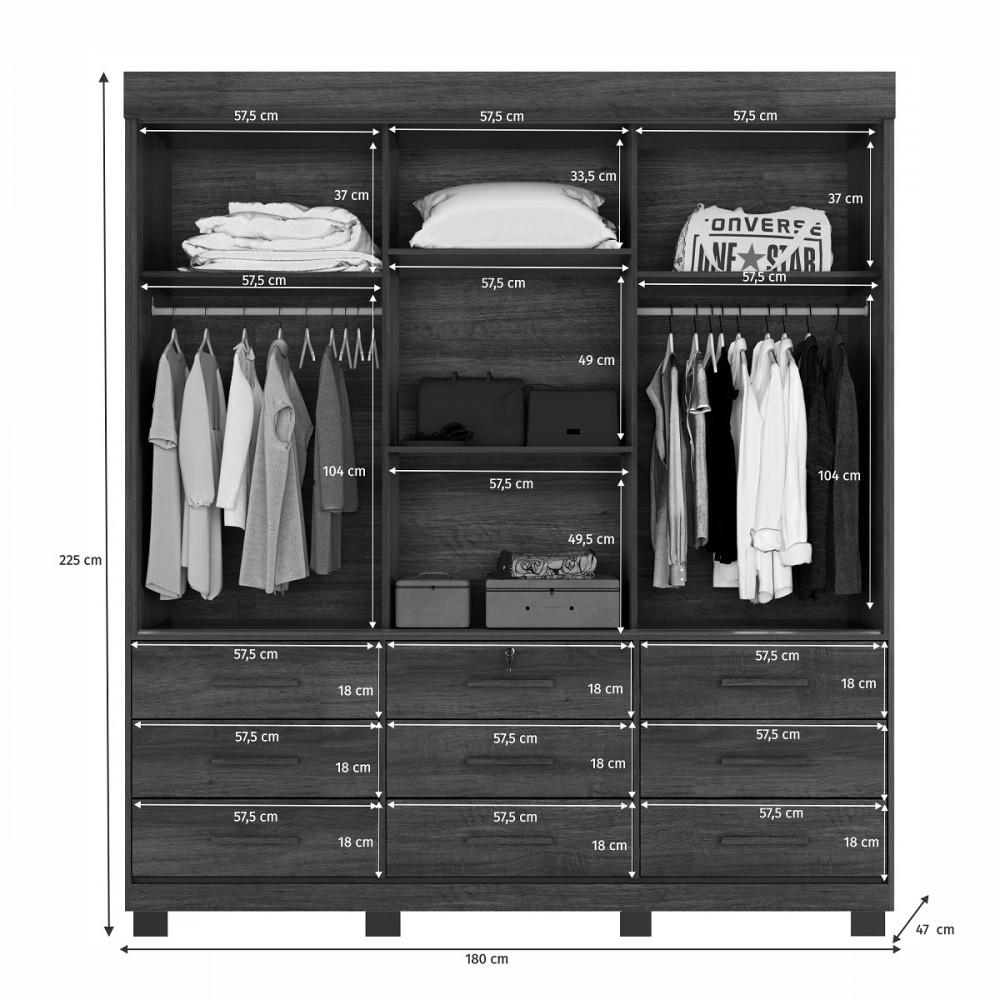 Guarda Roupa Casal com Espelho 3 Portas de Correr 9 Gavetas com Pés Londres Benetil - 4