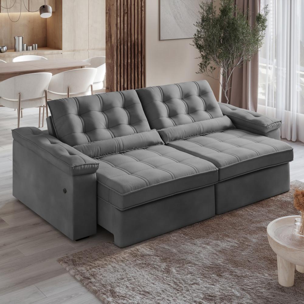Sofá 4 Lugares Retrátil Reclinável 252cm USB Veludo Ilheus Bexs Estofados - 6