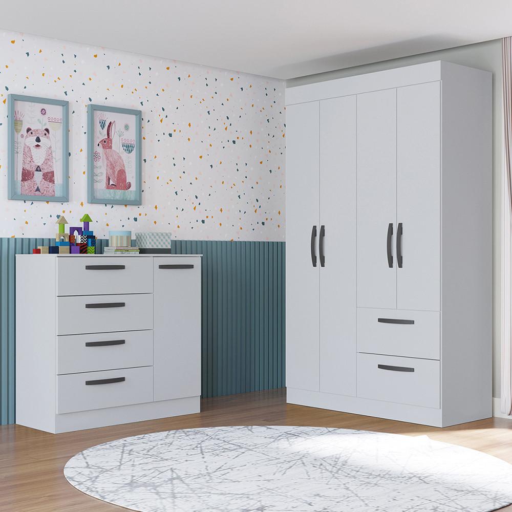 Quarto Infantil Guarda Roupa 4 Portas 2 Gavetas e Cômoda 4 Gavetas 1 Porta Loly Poquema - 1